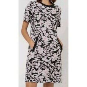 NWOT Leota Pink, black floral shift dress with pockets, Medium